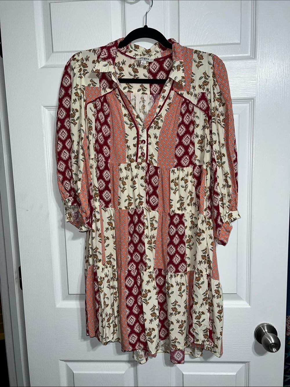 Umgee USA Bohemian Patchwork Button-Front Tunic Dress - Quilted Pattern